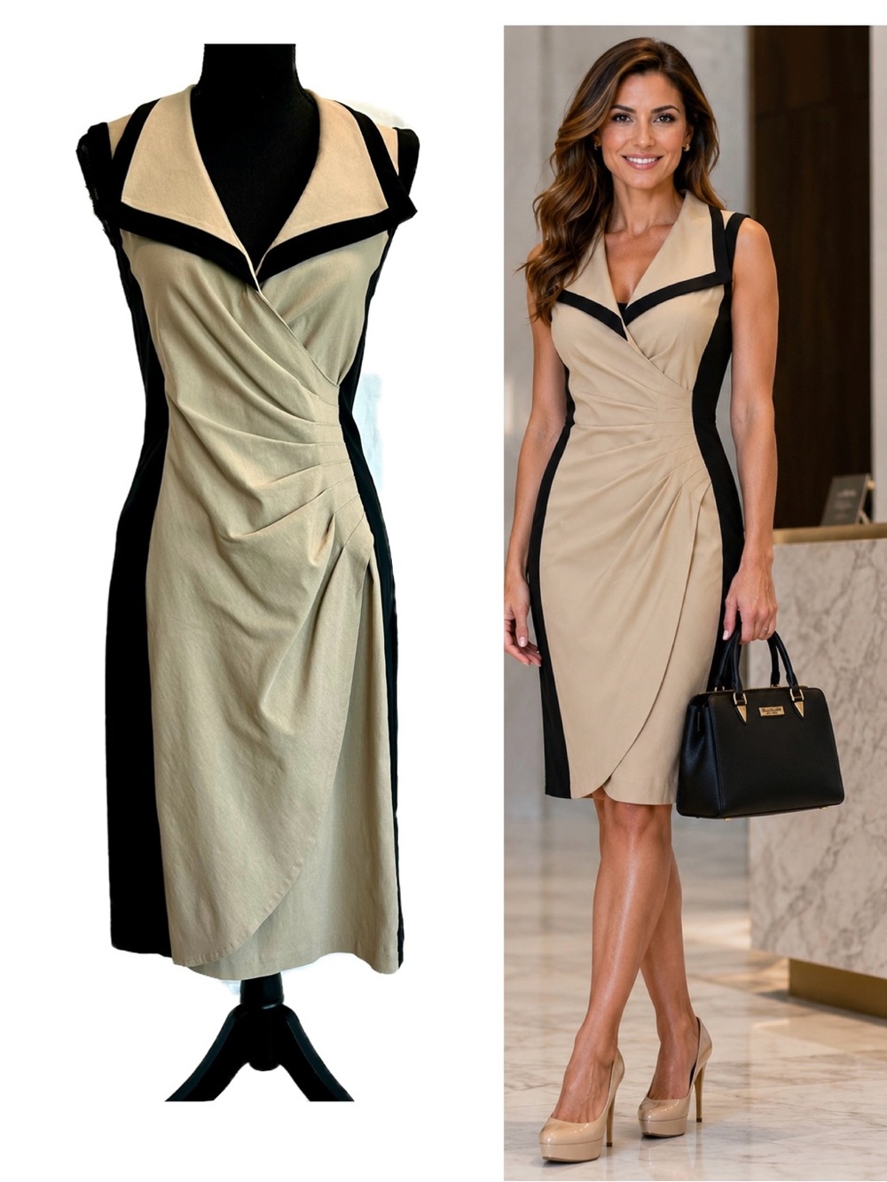 Joseph Ribkoff Beige & Black Sleeveless Ruched Colorblock Wrap Sheath Dress 12
